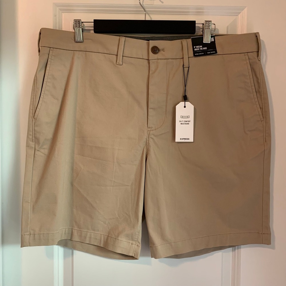 Express Mens Hyper Stretch‎ Temp Control Chino Shorts Khaki Tan 36